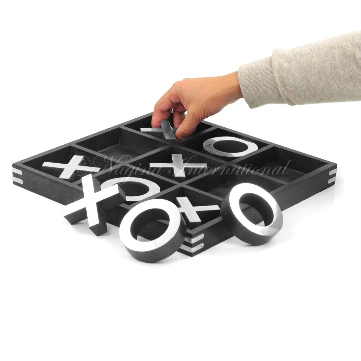 14" Large Elegant Premium Black Tic Tac Toe Board Game for Adults & Kids | Wooden Puzzle Game | Coffee Table Wooden Decor & Games with Nickel Sheathed Pieces