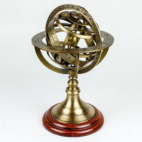 Nagina International Antique Vintage Zodiac Armillary Brass Sphere Globe Wooden Display | Pirate’s Antique Ship Decor (Antique Brass)