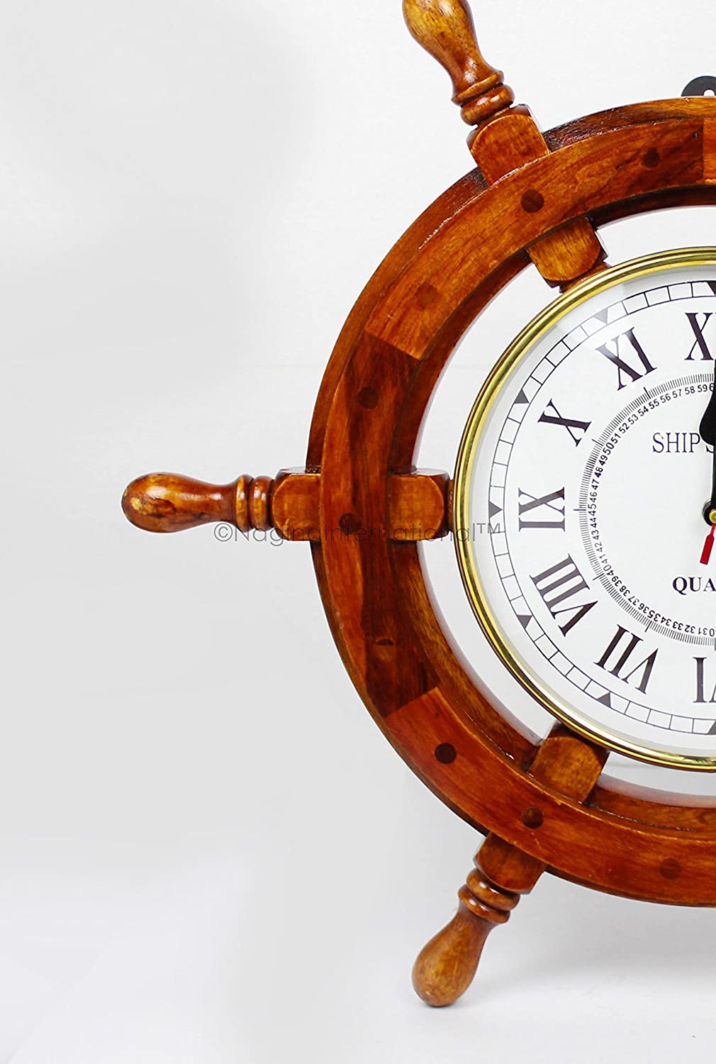 18″ Solid Wood Brass Ship Wheel Wall Clock Porthole Nautical Decor
