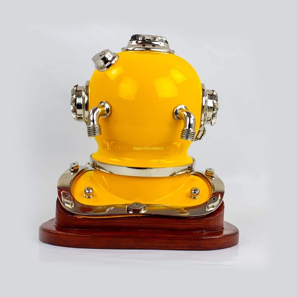 Nagina International 12" Scuba Diving Nautical Helmet | Maritime Ship's Decorative Helmet (Nickel Yellow-On Base)
