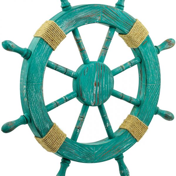 Cane Green Wooden Ship Wheel | Nautical Pirate's Nursery Decor Wall Hanging Ideas | Antique Vintage Rope Stylish Minimalist Decoration | Captain Maritime Ocean Themed Home Decor Gift