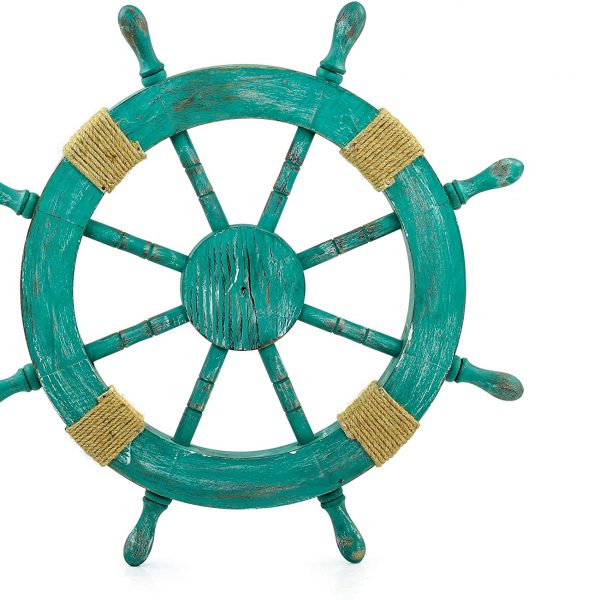 Cane Green Wooden Ship Wheel | Nautical Pirate's Nursery Decor Wall Hanging Ideas | Antique Vintage Rope Stylish Minimalist Decoration | Captain Maritime Ocean Themed Home Decor Gift