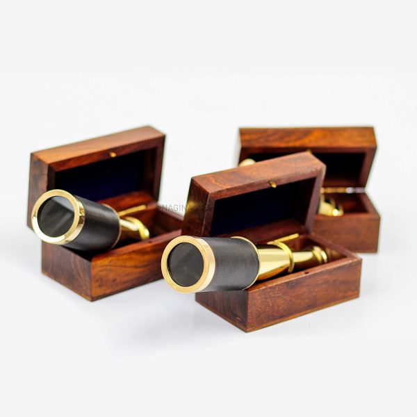 Miniature Hand Crafted Brass Telescope Set of 3 with Rosewood Nautical Anchor Inlaid Box | Kid's Telescopes & Toys for Gifts by Nagina International