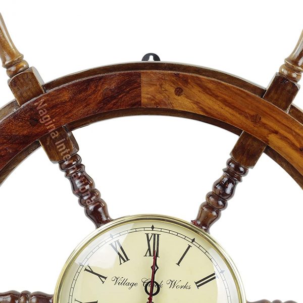 Nagina International 30" Wooden Ship Wheel with 8" Clock | Pirate's Maritime Gift's Decor Ideas | Bath Room Wall Hanging Accessories | Yellow Dial Vintage Style (Village Clock Works - Birmingham)