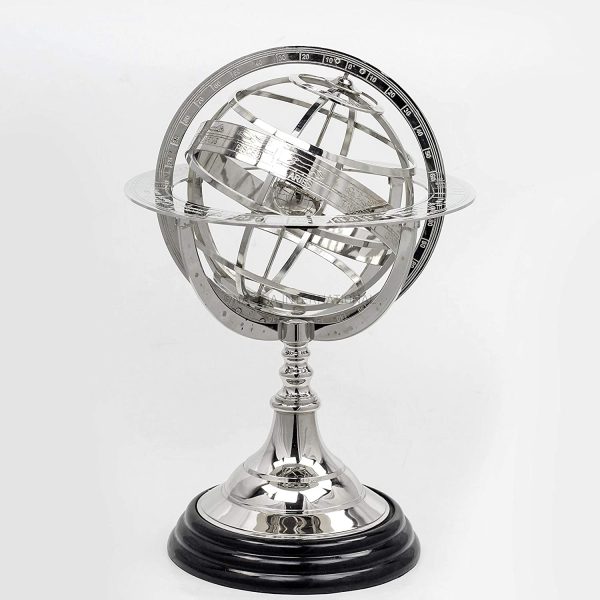 Nagina International Antique Vintage Zodiac Armillary Brass Sphere Globe Wooden Display | Pirate's Antique Ship Decor (Nickel Plated)