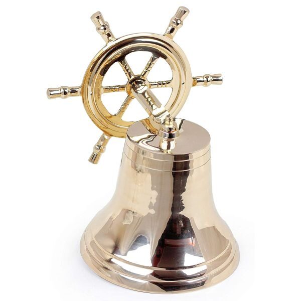 Nagina International 9" Bell Solid Brass Plated Pirate's Ship Wheel Motif Attached | Wall Hanging Call & Dinner Bell | Pirate's Boat and Ship Bell
