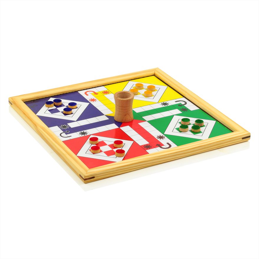 Wooden Handmade 2 in 1 Ludo Magnetic Snakes and Ladders Travel Board Game Adults Fun Game (Pine Wood)