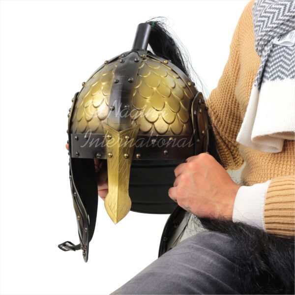 Nagina International Medieval Nasal Helmet | Fins Embossed Surface With Antique Black & Bronze Finish & Chin Straps | Black Plume Hairs & Wooden Stand Base | Cosplay Ancient Dress