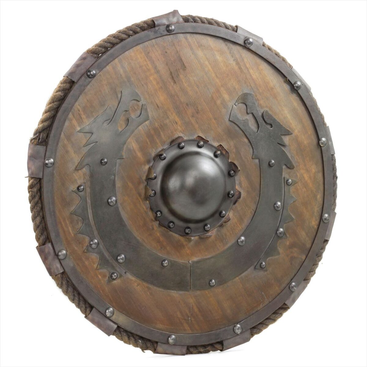 Medieval Wooden Viking Flying Dragon Armour Shield Antique Finish with Handles & Rope | Round Handcrafted Knight Steel Battle Reenactment Safety Shield