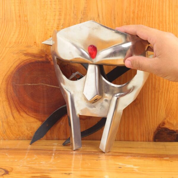 Nagina International Gladiator Helmet Face Mask MF Doom | Halloween Costume Headwear Facewear Accessories | Metal Full Face Wearable Unisex Mask (Doom Face Mask - Silver Red Gemstone)