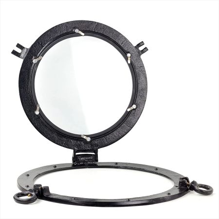 Nautical Premium Vintage Ship's Deep Black Round & Circular Porthole Window With Transparent Glass | Vintage Handcrafted Wall Pediments & Sculptures | Maritime Boat Decor | Grooved Secondary Frame Design