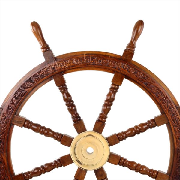 Nautical Pirate's Wooden Ship Wheel With Hand Carved Floral Design Engraved Across Perimeter | Wall Hanging Sculpture & Decor Show Piece | Home Marine Maritime Decorative Gifts Ideas